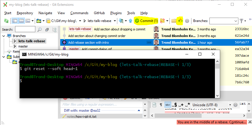 Showing Git Bash and how it's opened from Git Extensions by a button