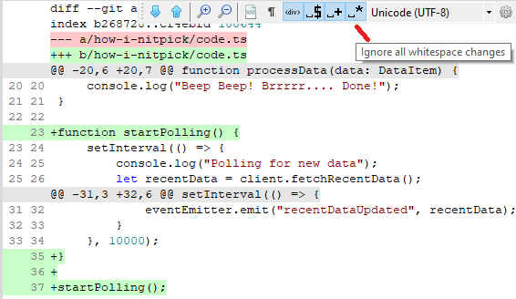 Diff showing extraction of function with whitespace changes ignored